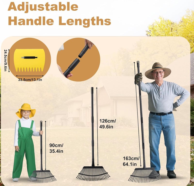Pragmatist Rake with Leaf Scoops Garden Leaf 25 Tines Lawn Leveling Tool, Heavy Duty 64.1 Inch Adjustable Handle Metal Rake for Picking Leaves Grass Garbage, Black - Image 3